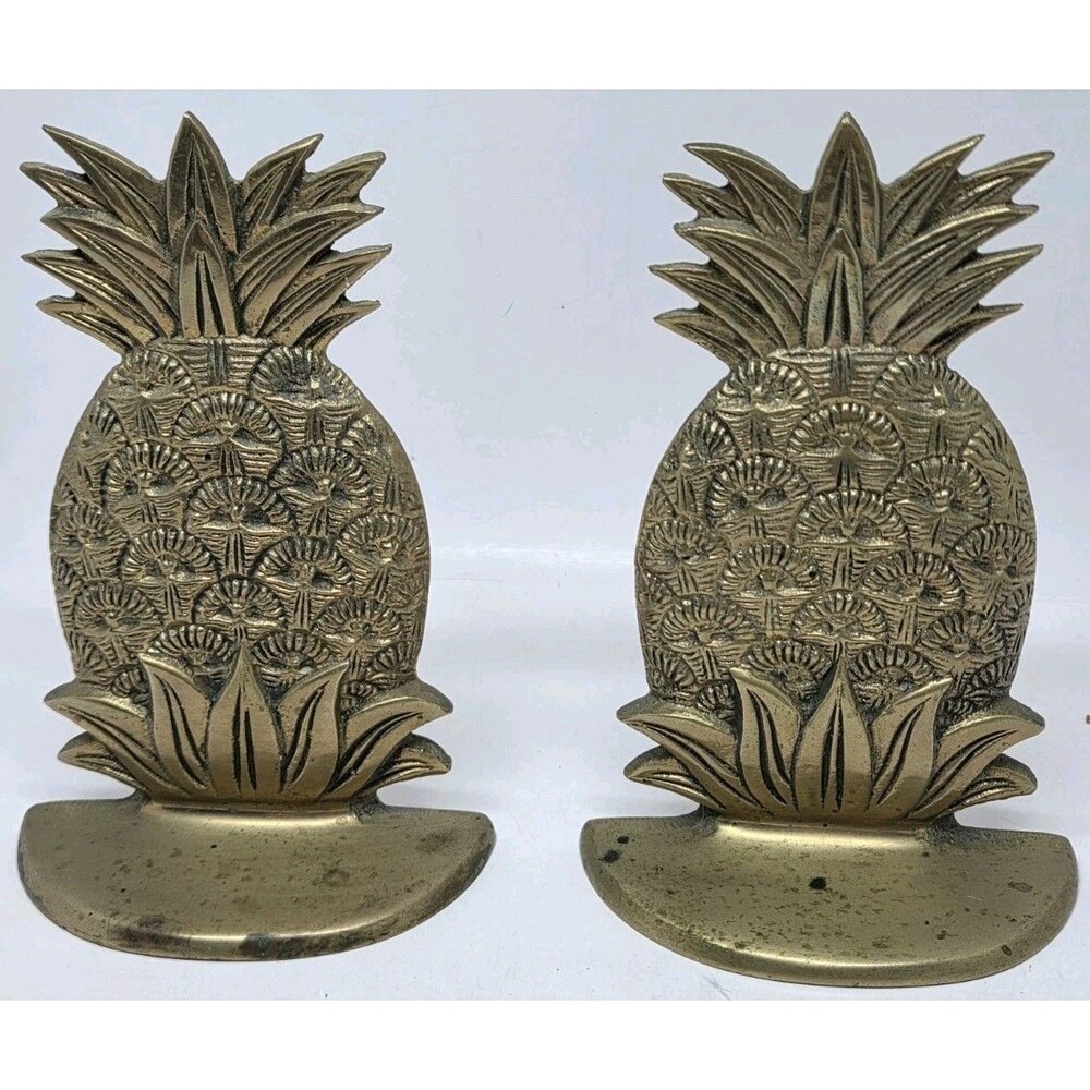 Vtg Solid Brass Pineapple Bookends Pair Mid Cent Coastal MCM Taiwan maybe Penco